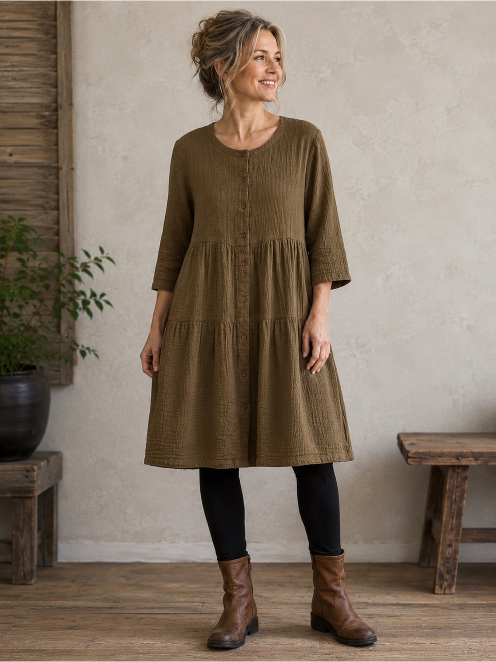 Gudrun Sjödén L Brown Organic Cotton Tiered Lagenlook Button Front Dress Cottage